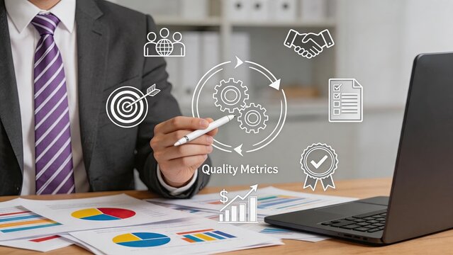 Quality metrics and business performance analysis charts, strategic planning concept, team collaboration handshake agreement, goal achievement target, operational efficiency