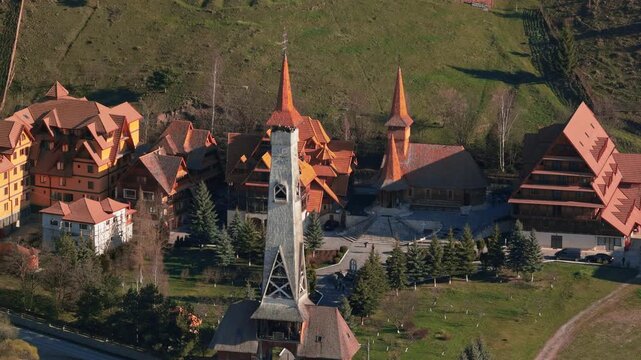 Aerial drone view of the Monastery Acoperamantul Maicii Domnului in Dorna Arini, Suceava County, Romania