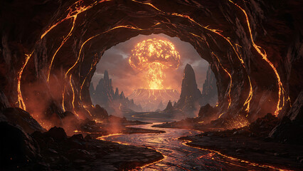 Fototapeta premium Epic fiery landscape with a mushroom cloud explosion erupting from a volcanic cave entrance