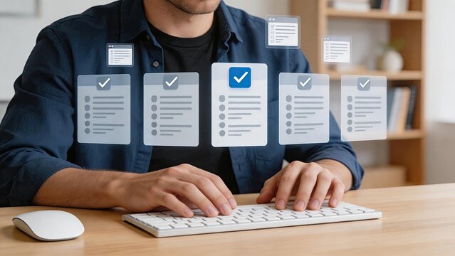 Man typing on keyboard with floating digital checklist icons and check marks, representing task completion, project verification, quality control, audit process and workflow