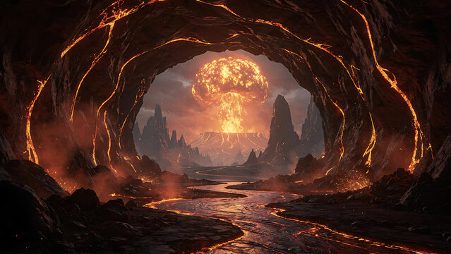 Epic fiery landscape with a mushroom cloud explosion erupting from a volcanic cave entrance