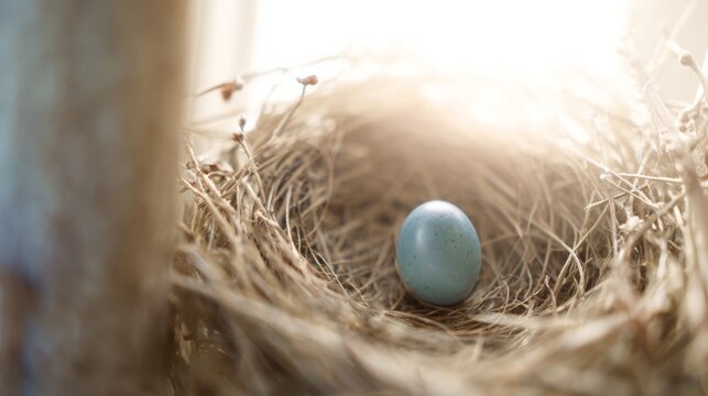 Single robin egg resting in bird nest, soft natural light creating a gentle airy background for new life