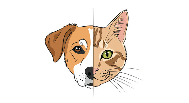 Creative illustration showing a split face of a brown dog and a ginger cat divided by a vertical line on a white background.