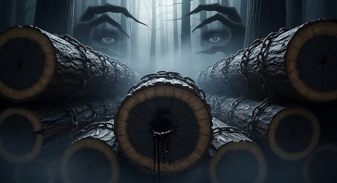 Horror fantasy concept of a dark misty forest with mysterious eyes and chained wooden logs