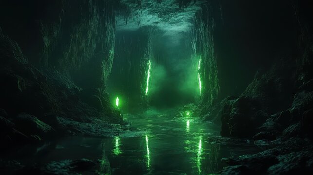 Eerie Green Glow Illuminates a Subterranean Cave with Reflective Water