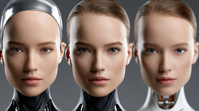 Drei identisch aussehende humanoide Roboterfrauen blicken ausdruckslos in die Kamera.