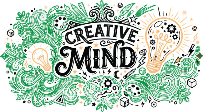 Creative mind graphical typography illustration black and white art