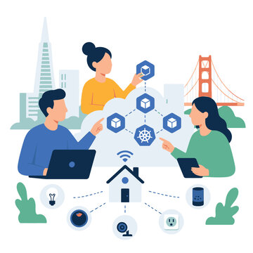 Team of software developers working on cloud computing and smart home automation technology.