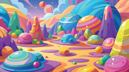Whimsical alien landscape with planets and colorful abstract shapes during a vibrant cosmic event vector illustration © CreativeKamrul