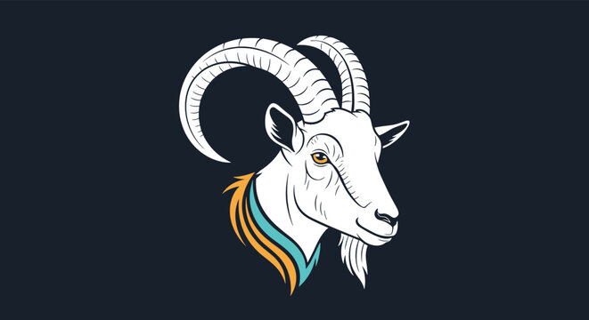 Expressive goat head illustration with large horns and a beard on a dark background, representing farm life or the mountain-dwelling ibex species.