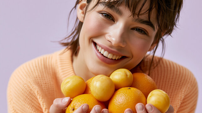 Eine l&auml;chelnde junge Frau h&auml;lt eine gro&szlig;e Portion frischer Orangen vor ihrem K&ouml;rper auf hellviolettem Hintergrund.