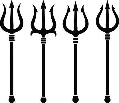 Set of black trident silhouettes isolated on white background, nautical and mythological symbol collection