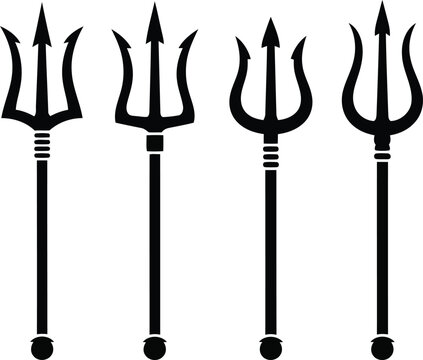 Black Trident Pitchfork Set Isolated on White Background, Mythology Weapon and Halloween Symbol