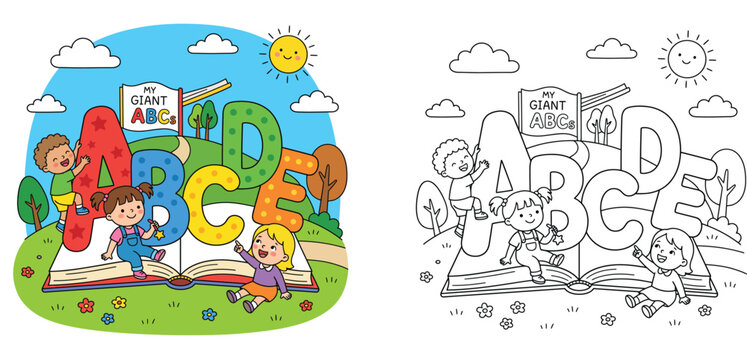 Educational children alphabet coloring book page and color illustration set with cute kids, giant letters ABCDE, open book, and outdoor background
