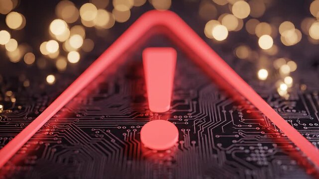 A glowing red triangular warning icon with exclamation mark on a digital circuit background, symbolizing cybersecurity alerts, errors, and technological urgency.