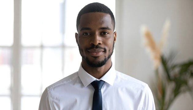 Confident young black businessman in white shirt and dark tie smiling at camera corporate portrait