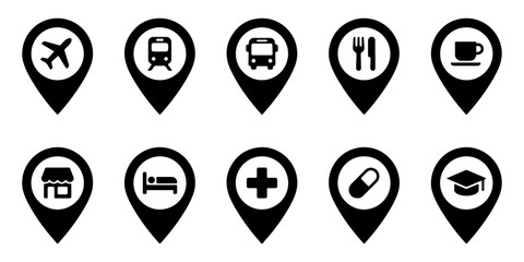 Map pin icon set solid location marker airport hotel restaurant pharmacy school for app © JAKIR LITON