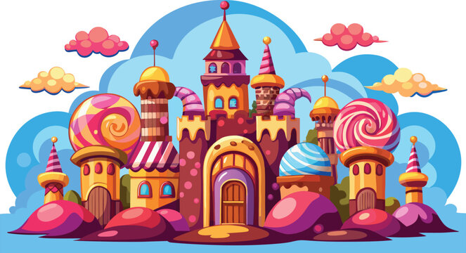 Whimsical candy castle with lollipop towers under a bright sky and fluffy clouds vector illustration
