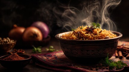 Fototapeta premium Steaming bowl of biryani with onions and spices indian cuisine