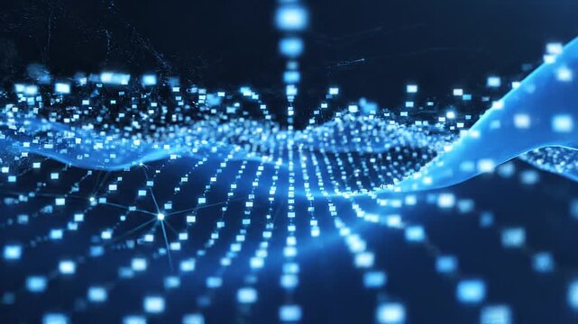 Abstract Blue Digital Waveform Connected with Futuristic Network of Glowing Dots and Lines