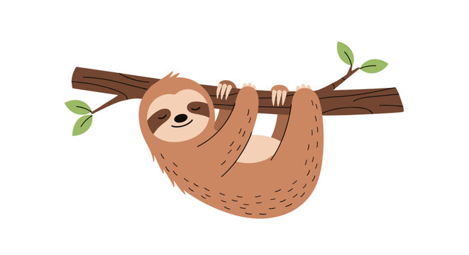 Cute cartoon sloth hangs lazily from a tree branch with a peaceful expression on its face in this charming and colorful illustration.