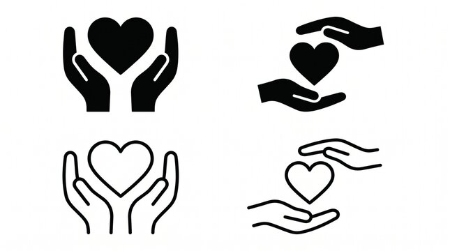 Set of black and white heart in hands icons and symbols with kindness