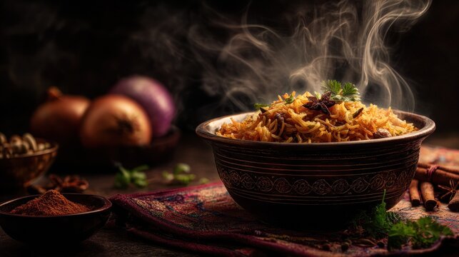 Steaming bowl of biryani with onions and spices indian cuisine