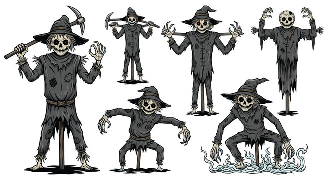 Spooky collection of scarecrow skeleton characters for halloween features terrifying poses with hats and scythes in a dark comic style.
