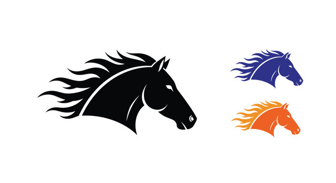 Modern horse head logo design features a flowing flame like mane in black blue and orange versions for a high energy and fast look.