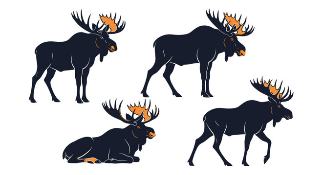 Collection of dark blue moose silhouettes with orange antlers, showing the animal in standing, walking, and lying down positions.