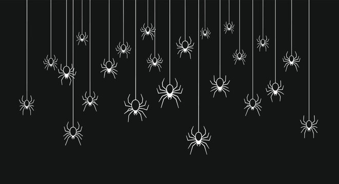 Minimalist graphic design featuring small white spiders descending on threads across a solid dark gray or charcoal background.