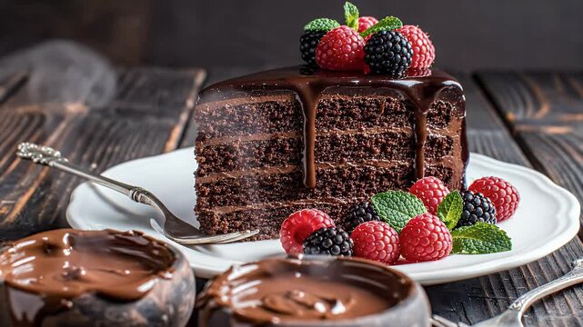 Decadent chocolate cake slice with berries and melted chocolate drizzle