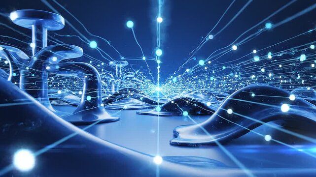 An abstract futuristic digital landscape with glowing blue light trails and intricate structures, representing data flow and technology