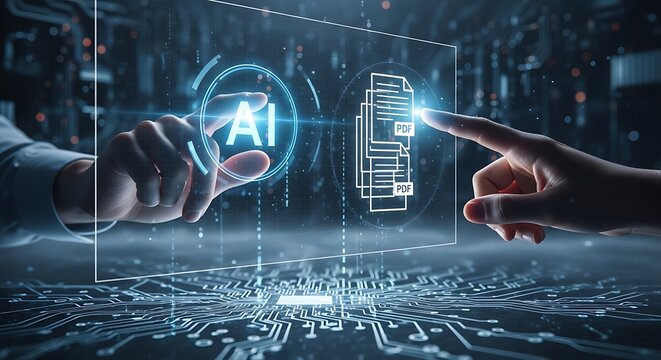 Futuristic ai interface processing multiple pdf files on a transparent digital screen with circuit board background, for advanced data analysis