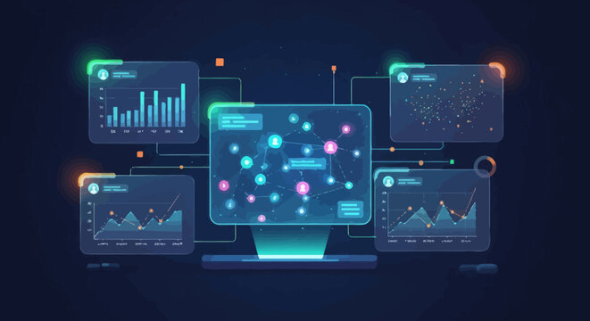 Digital interface displays interconnected data and analytical charts on a dark background