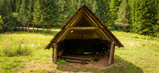 Traditional wooden mountain shelter with rustic bench surrounded by lush coniferous forest and green meadow © AllThings