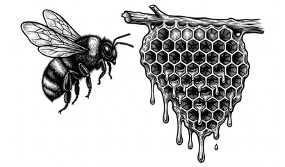 Vintage Bumblebee and Dripping Honeycomb Woodcut Vector Illustration © MdMintu