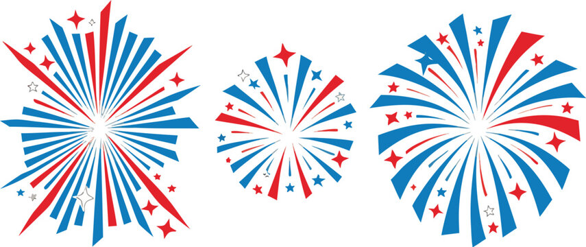 Patriotic fireworks burst vector set, red white and blue firework explosions with stars, festive Fourth of July celebration elements for holiday design