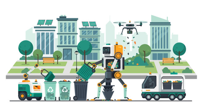 Automated robots and drone manage waste collection in a futuristic city