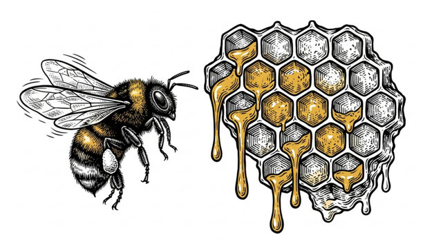 Woodcut Bumble Bee with Honeycomb Vintage Vector Illustration