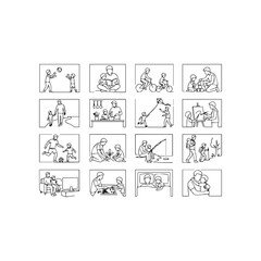 Fototapeta premium Title: Minimal line illustrations of family bonding and child activities Description: Set of fifteen continuous line drawings showing parents and children engaged in play, learning, and recreation su