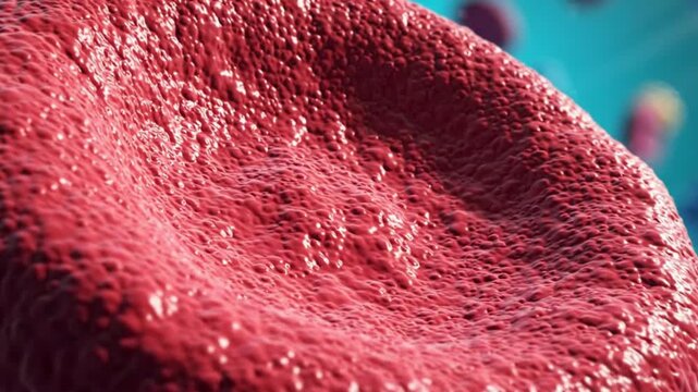 Close-up view of a red textured object with a bumpy surface