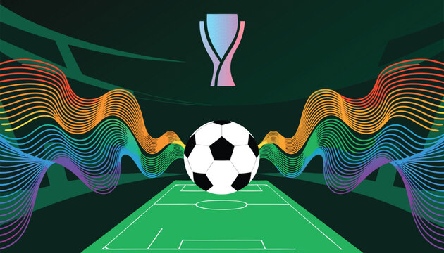 Soccer stadium with colorful sound waves and trophy illustration