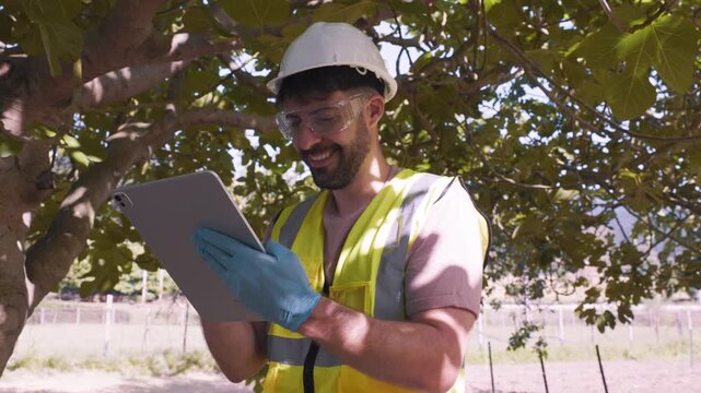 Environmental engineer analyzing tree leaves pollution data