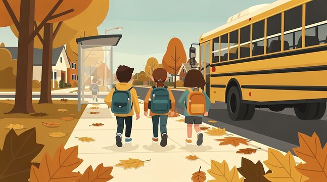 Children with backpacks walking towards a school bus on a sunny autumn day with fallen leaves scattered around