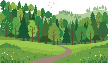 Fototapeta premium Flat vector illustration of a scenic woodland path in nature
