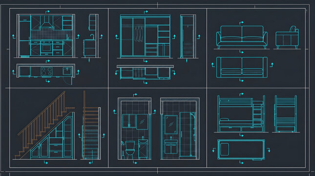 Compact Interior Furniture Elevation Bundle with Kitchen Wardrobe Sofa Staircase Storage Bathroom and Bunk Bed CAD Blueprint Vector Set