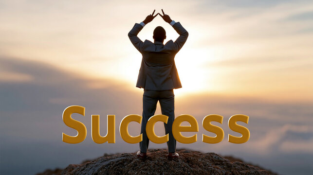 Eine Silhouette einer Person, die auf einem Berggipfel bei Sonnenuntergang steht und die Arme erhebt, mit dem Wort &bdquo;Success" im Vordergrund.
