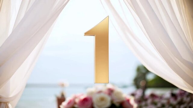 Golden 3D Countdown Animation from Five to One in Elegant Beach Wedding Setting. Summer Resort Wedding Concept.