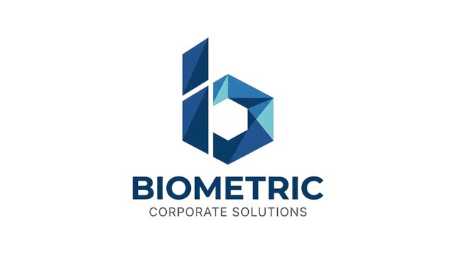 Sharp geometric lowercase b monogram for &ldquo;BIOMETRIC CORPORATE SOLUTIONS&rdquo;, built from faceted blue polygon shapes to suggest security, precision and modern data technology for enterprise biometric and 
